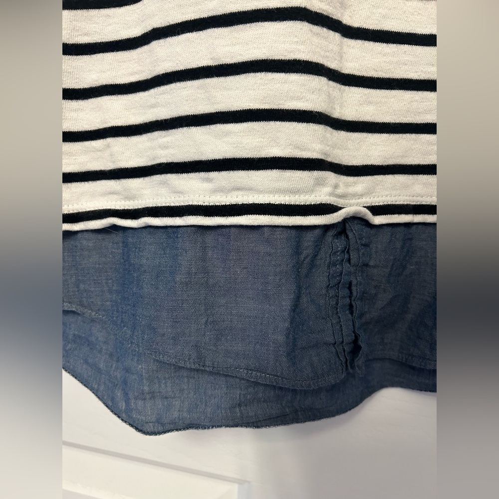 LOFT Navy and White Striped Long Sleeve Top with Denim trim on Hem, Size Medium - Picture 2 of 6